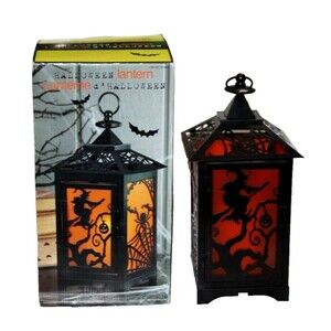 Halloween Hanging Lantern Battery Flame Effect Metal Plastic Witch Spider 14x6"